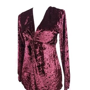 Red Velvet Suede Top Blouse V-Neck Long Sleeve